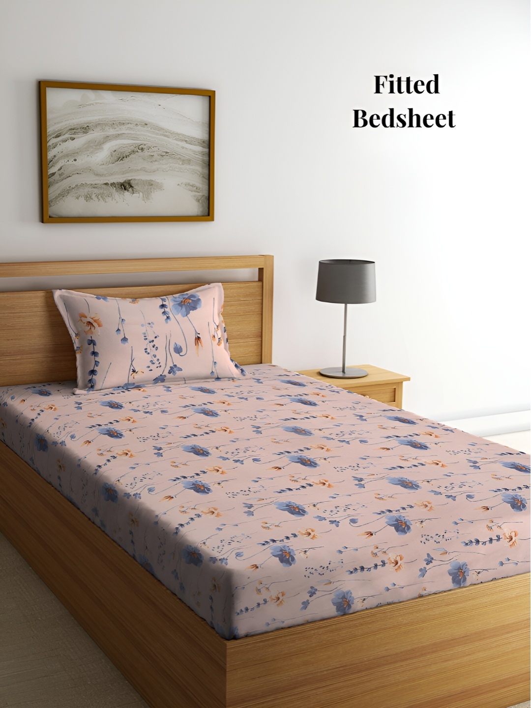 

Arrabi Peach & Blue Floral 300 TC Single Fitted Bedsheet With 1 Pillow Cover