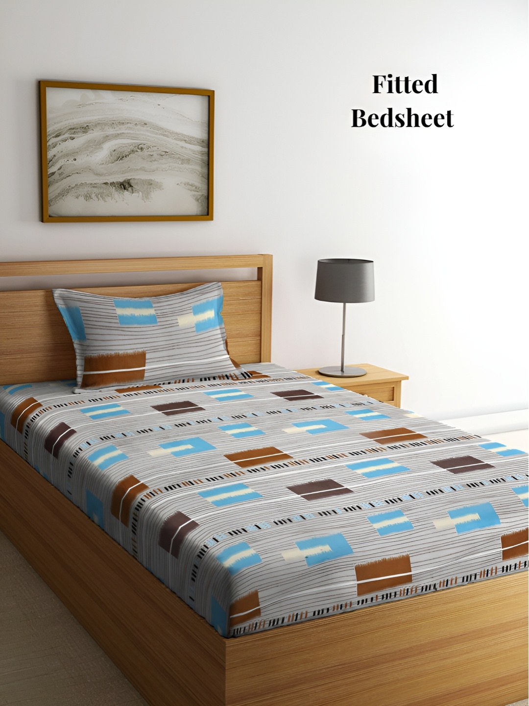 

Arrabi Grey & Blue Geometric 300 TC Single Fitted Bedsheet With 1 Pillow Cover
