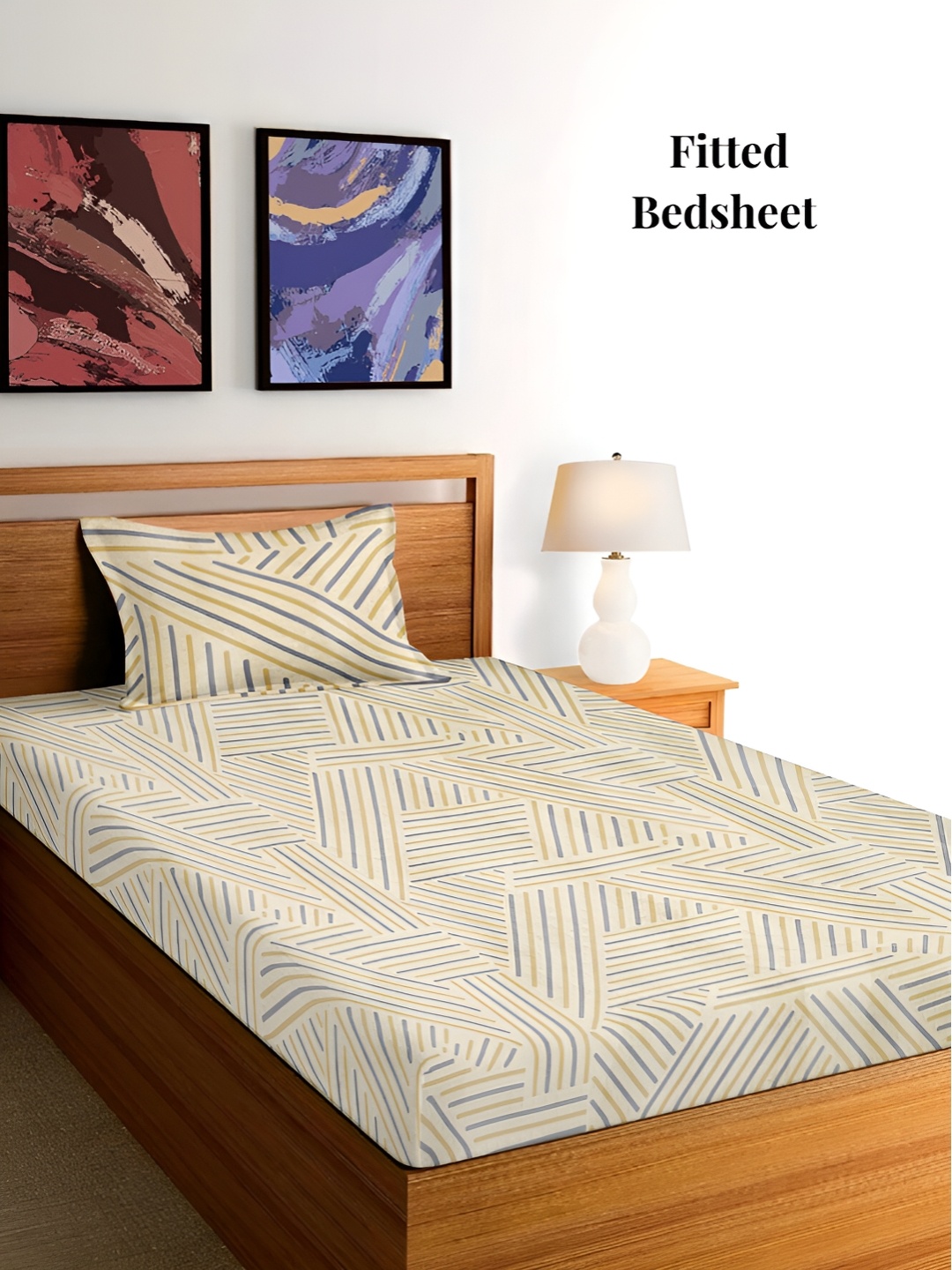 

Arrabi Beige & Blue Striped Fitted 300 TC Single Bedsheet with Pillow Cover
