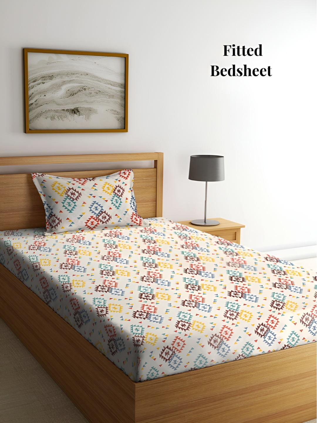 

Arrabi Cream-Coloured & Red Geometric 300 TC Single Bedsheet with Pillow Cover