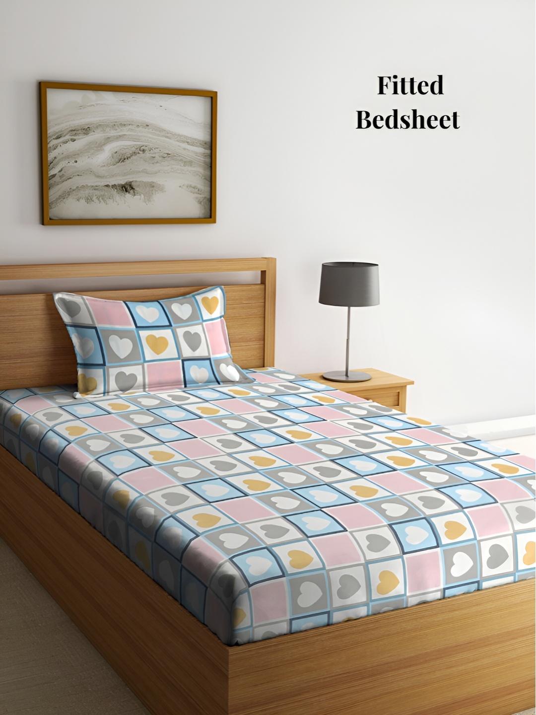 

Arrabi Blue & White Geometric 300 TC Single Fitted Bedsheet With 1 Pillow Cover