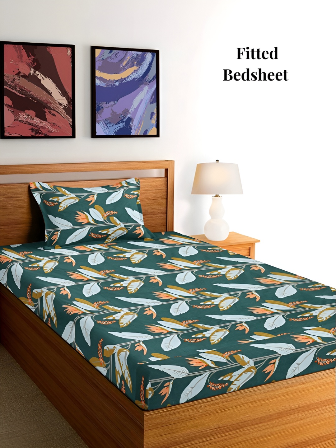 

Arrabi Green & Blue Floral 300 TC Single Fitted Bedsheet With 1 Pillow Cover