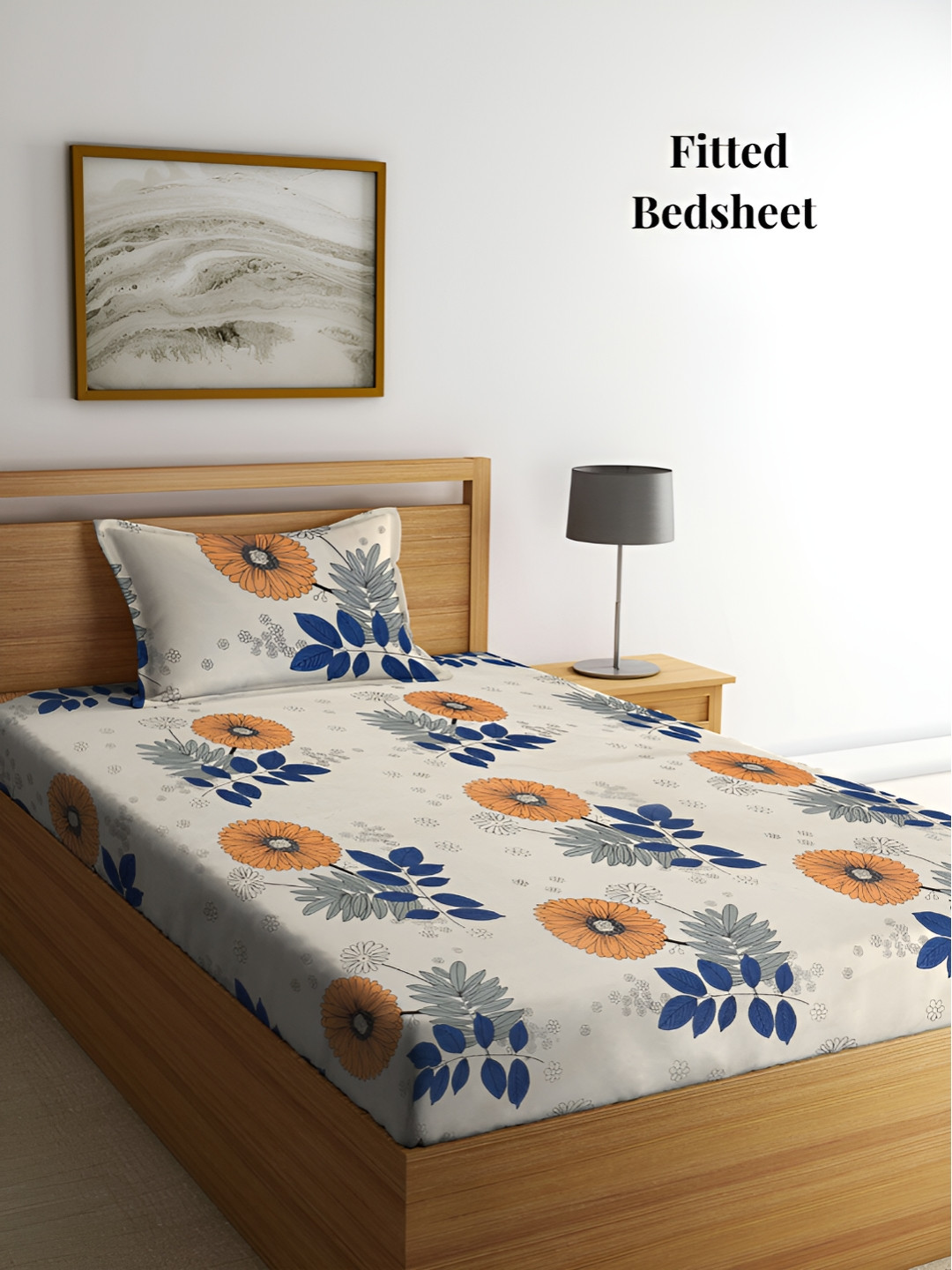 

Arrabi Cream & Blue Floral 300 TC Single Fitted Bedsheet With 1 Pillow Cover