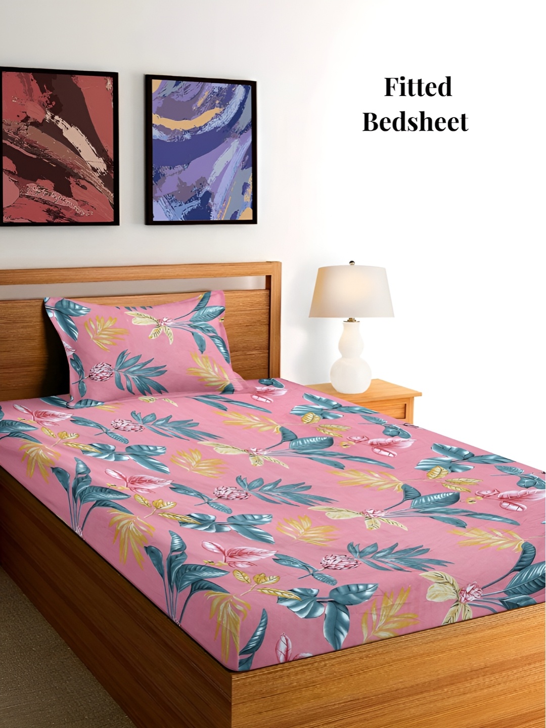 

Arrabi Pink & Blue Floral Fitted 300 TC Single Bedsheet with Pillow Cover