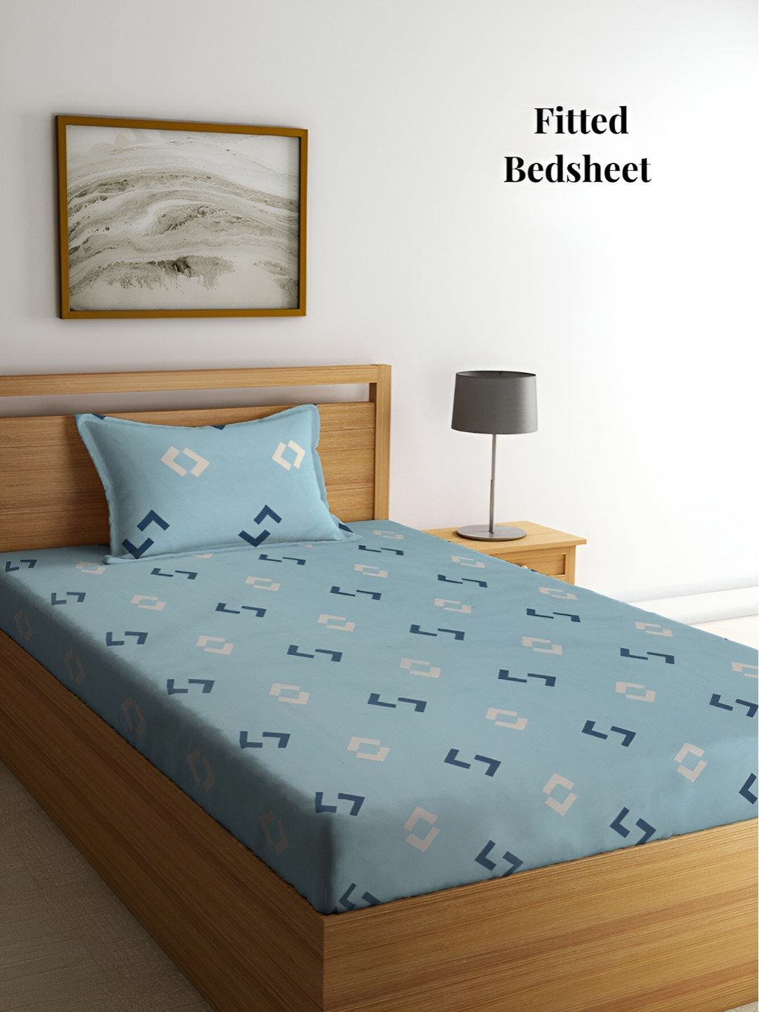 

Arrabi Blue & Brown Geometric Fitted 300 TC Single Bedsheet with Pillow Cover