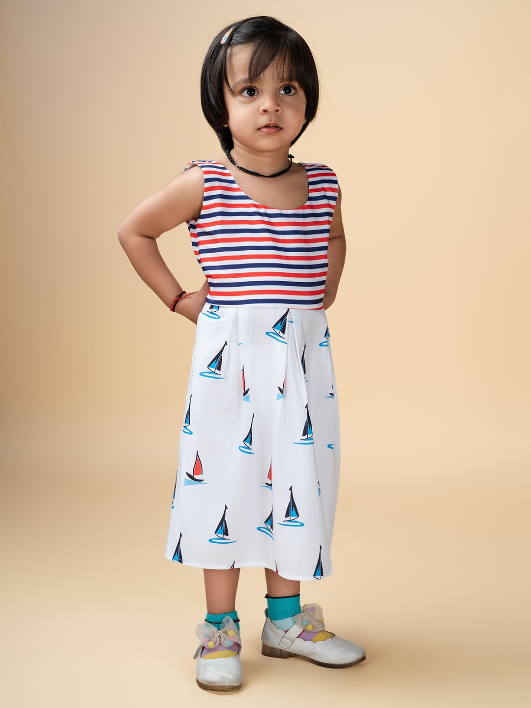 

SWAADHI Girls Striped Sleeveless A-Line Midi Dress, Pink