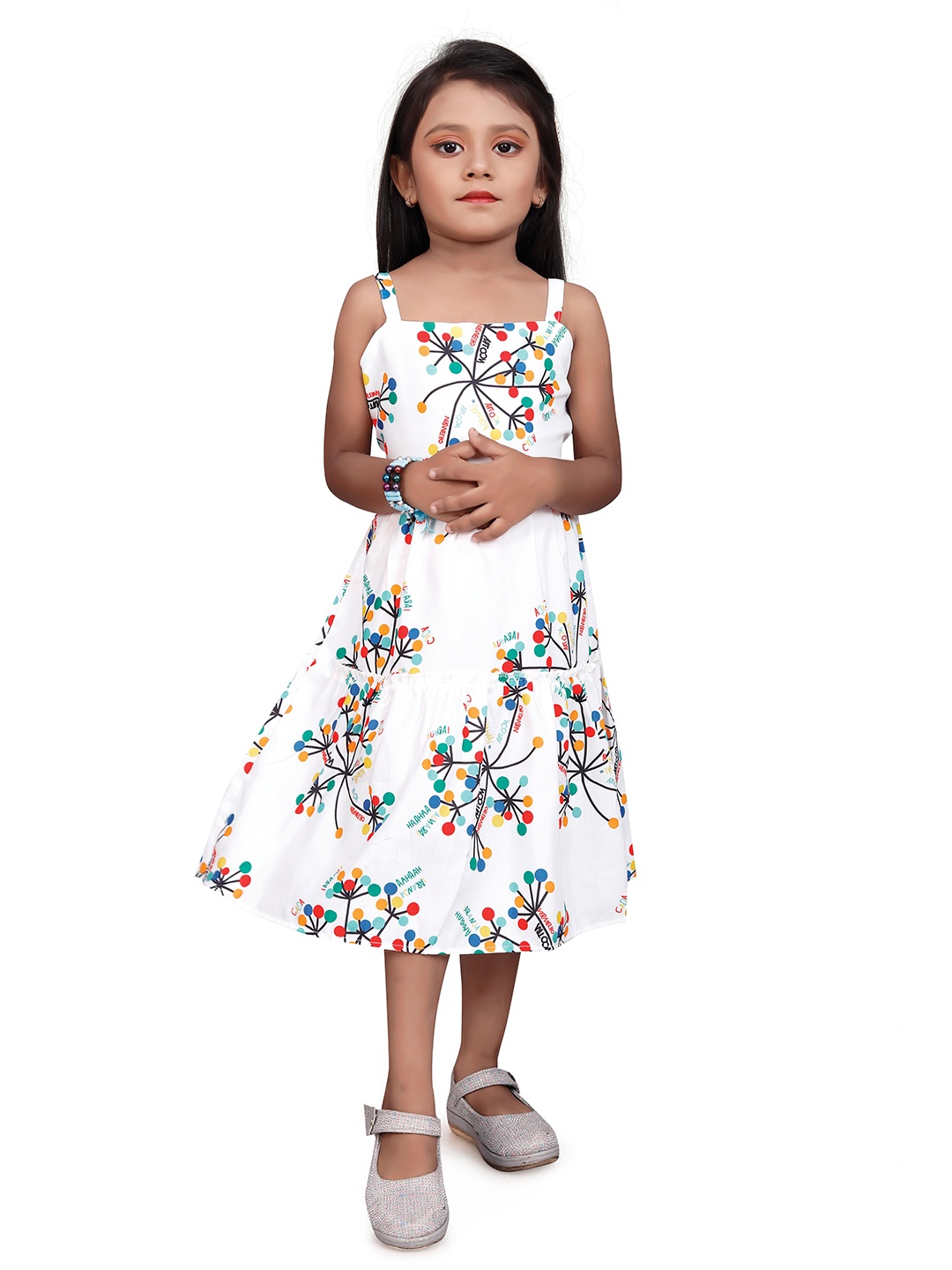 

SWAADHI Girls Conversational Print Shoulder Strap Cotton Fit & Flare Dress, White