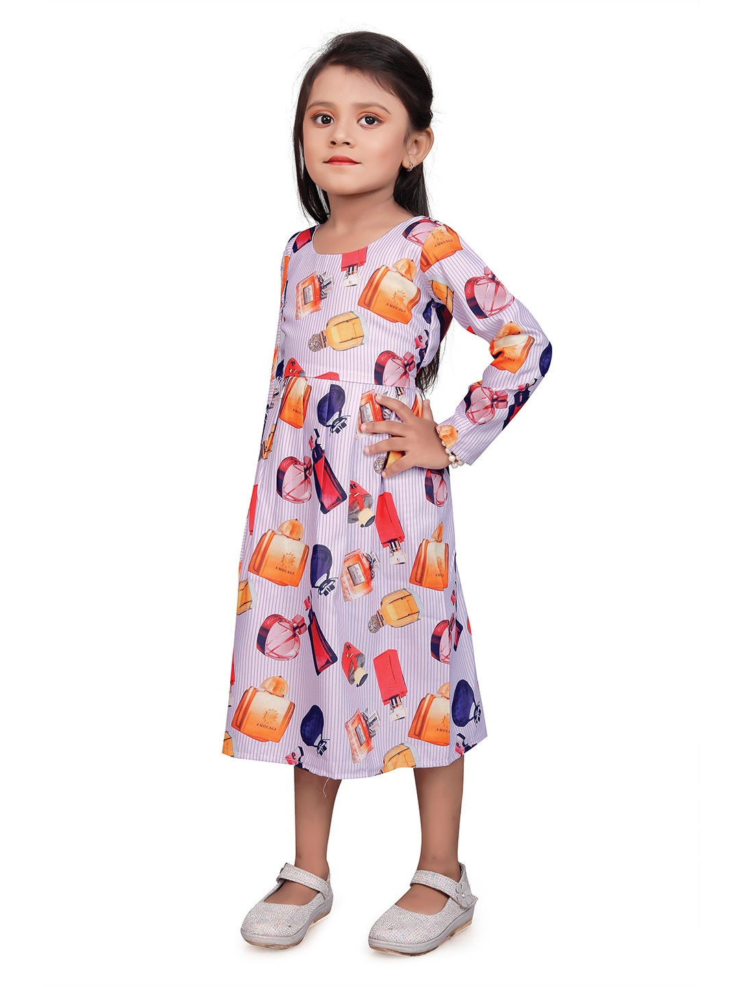 

SWAADHI Girls Conversational Print Long Sleeves Cotton Fit & Flare Dress, Pink