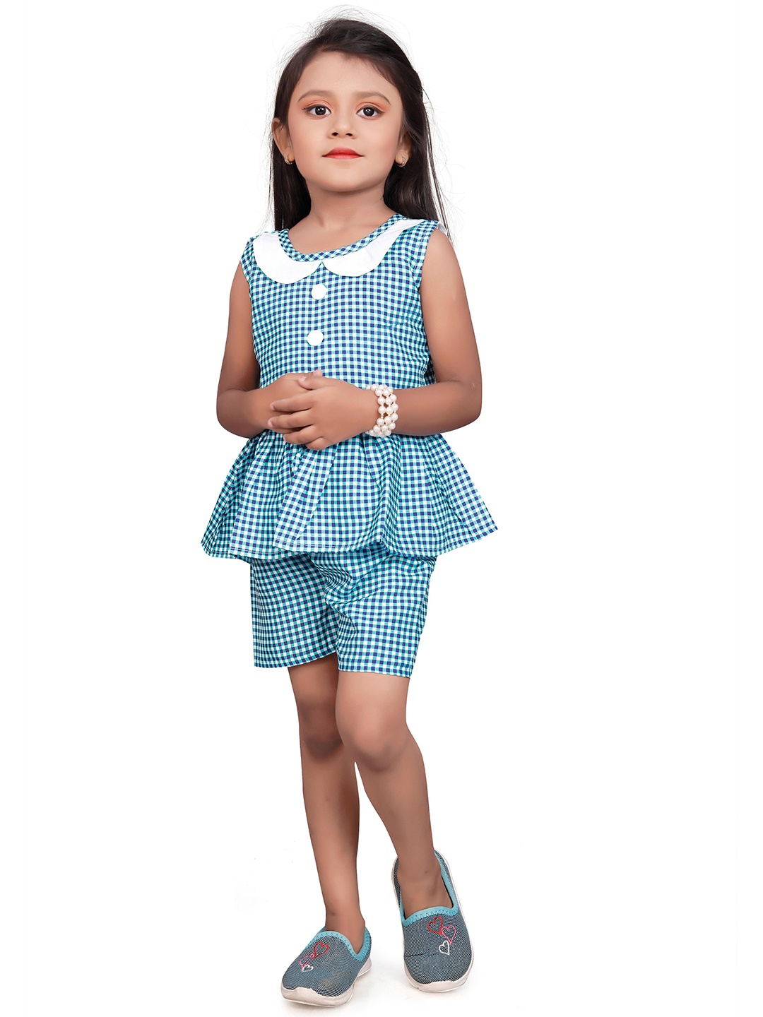 

SWAADHI Girls Checked Peter Pan Collar Sleeveless Cotton Peplum Top, Teal