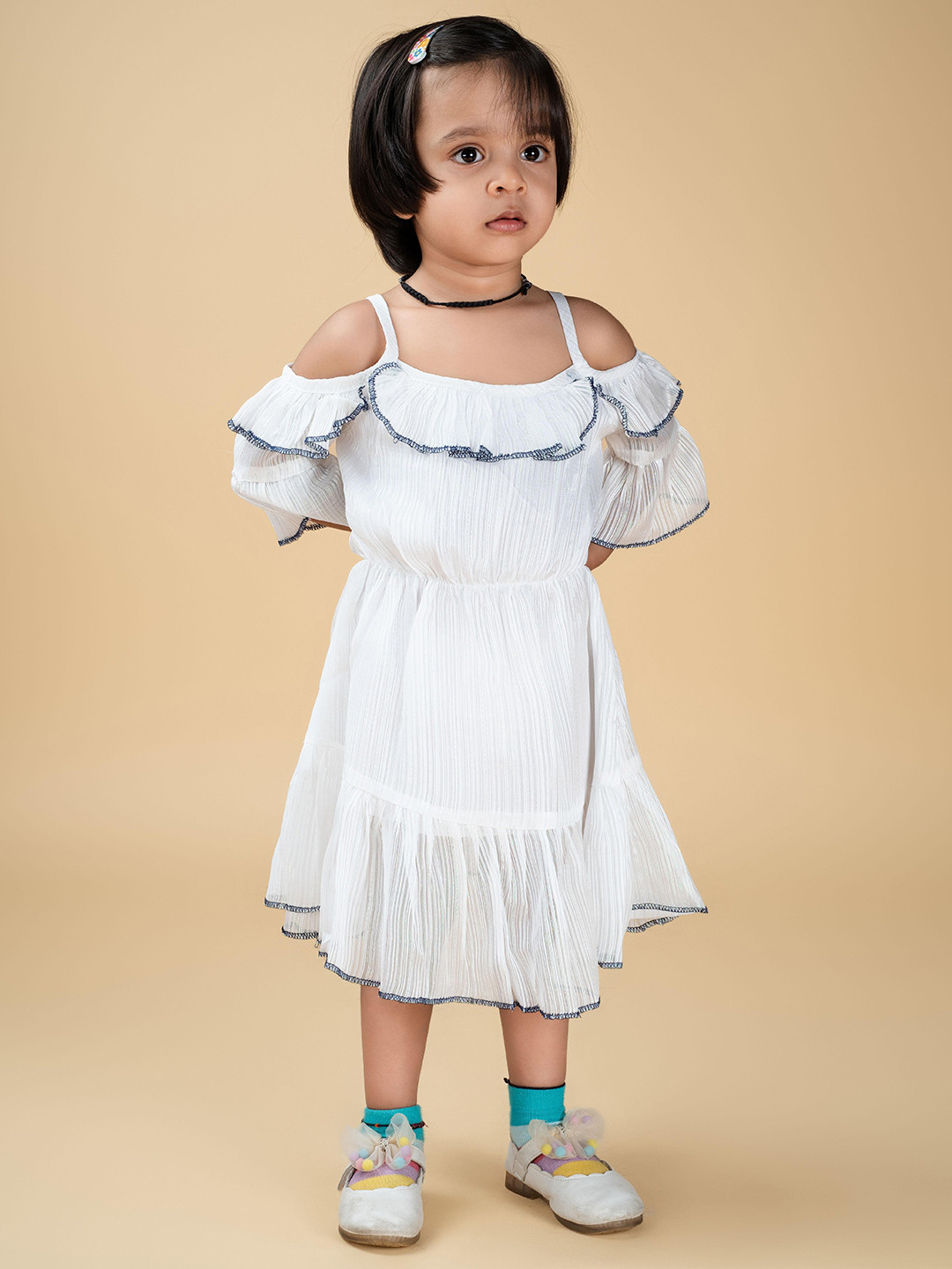 

SWAADHI Girls Cold-Shoulder Cotton Fit & Flare Midi Dress, White