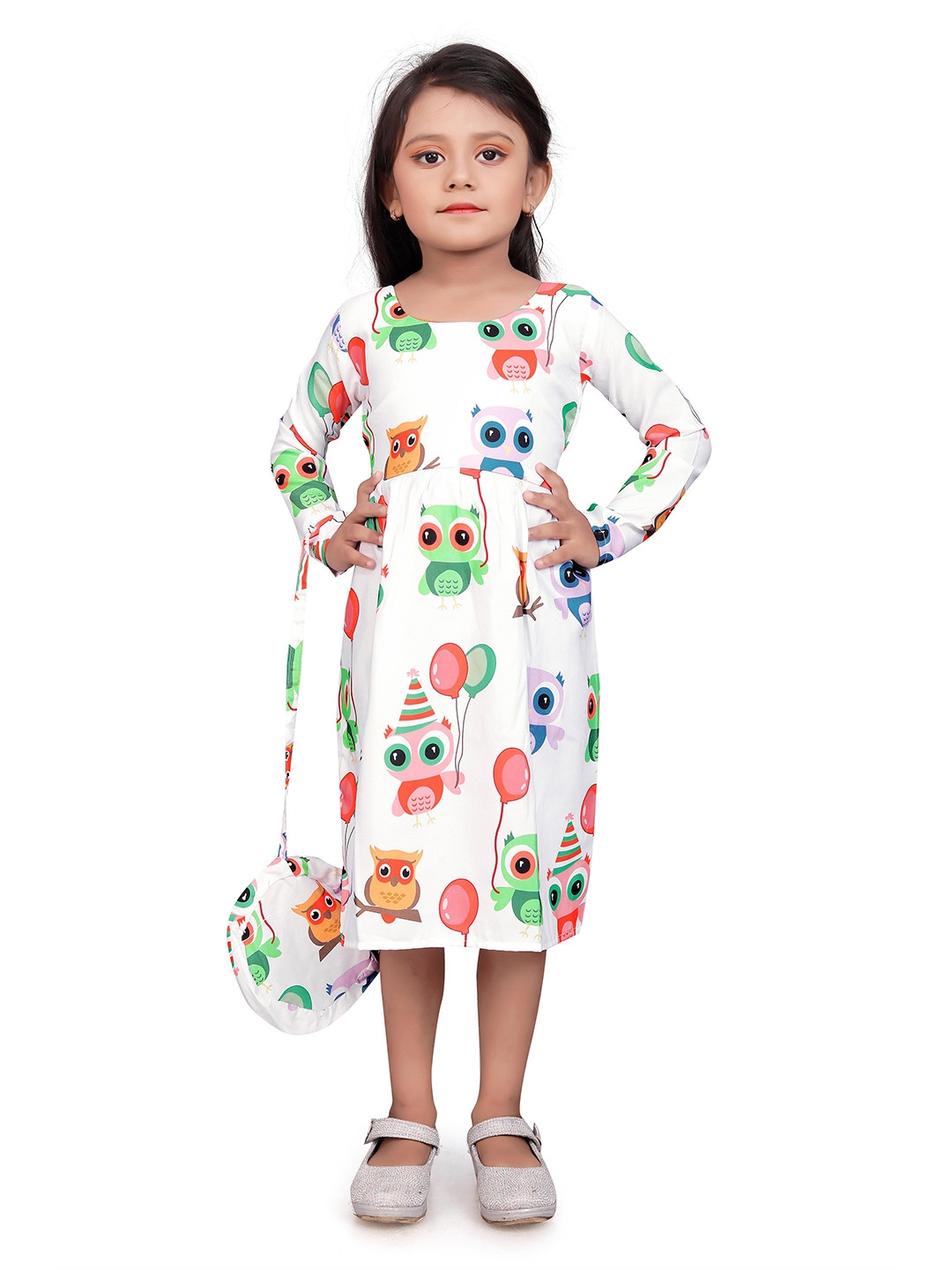 

SWAADHI Girls Conversational Print Long Sleeves Cotton Fit & Flare Dress, White