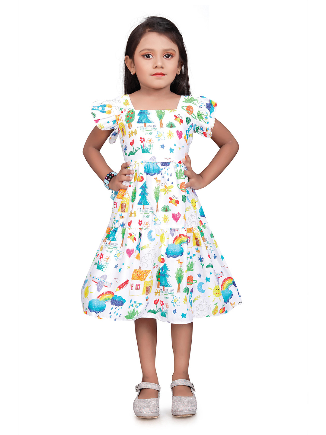 

SWAADHI Girls Conversational Print Square Neck Flutter Sleeve Cotton Fit & Flare Dress, White