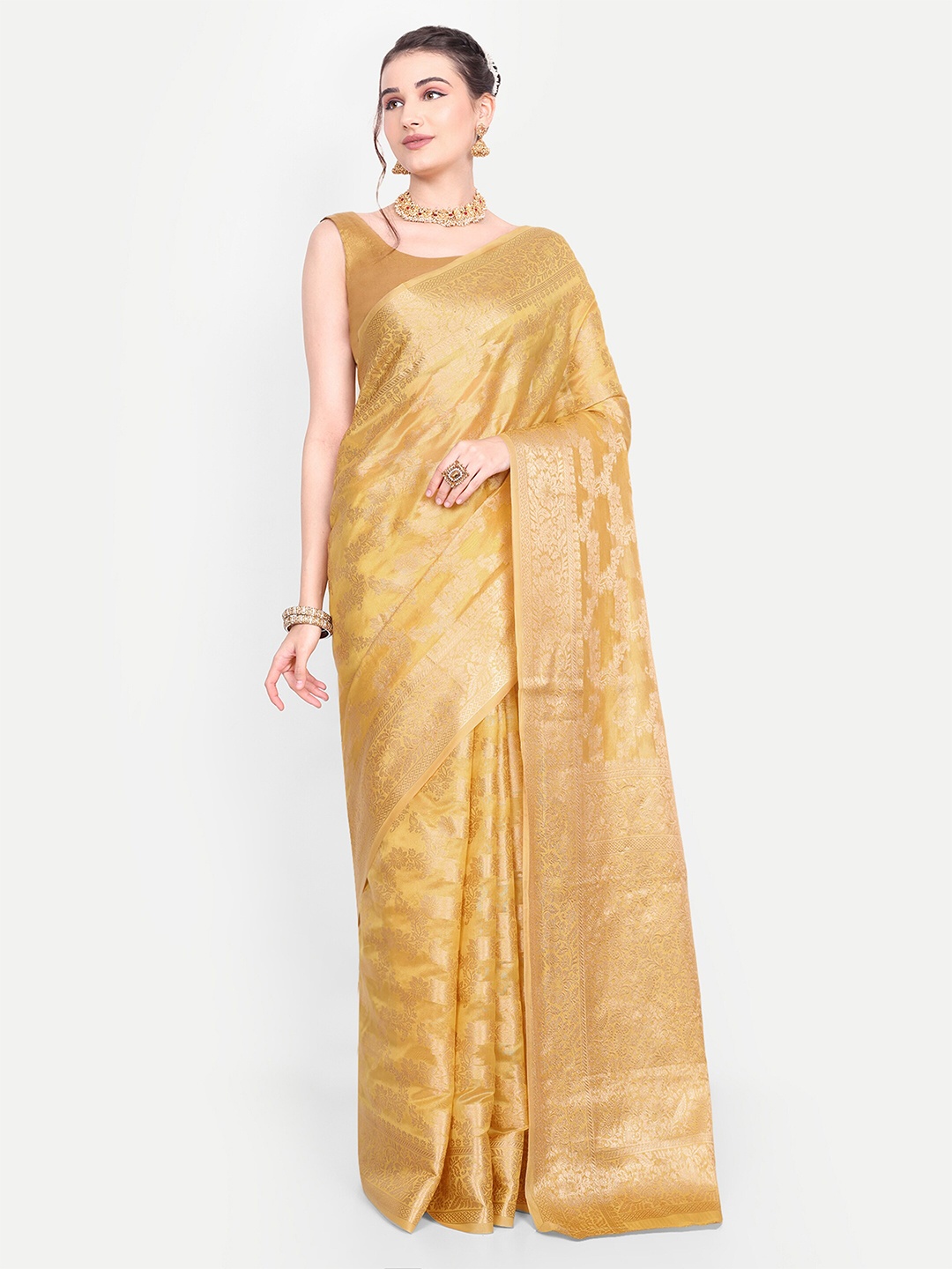 

AKSH FASHION Striped Woven Design Zari Organza Saree, Yellow