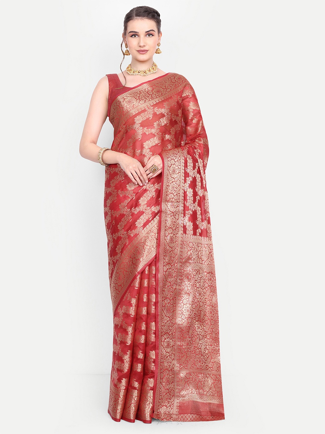 

AKSH FASHION Woven Design Leheriya Zari Saree, Red