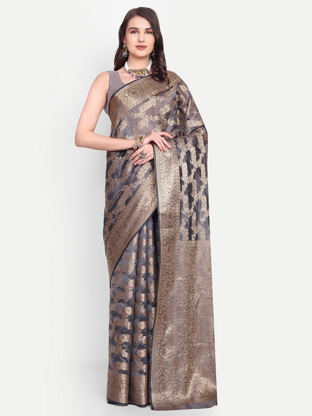 

AKSH FASHION Ethnic Motifs Woven Design Zari Organza Saree, Grey