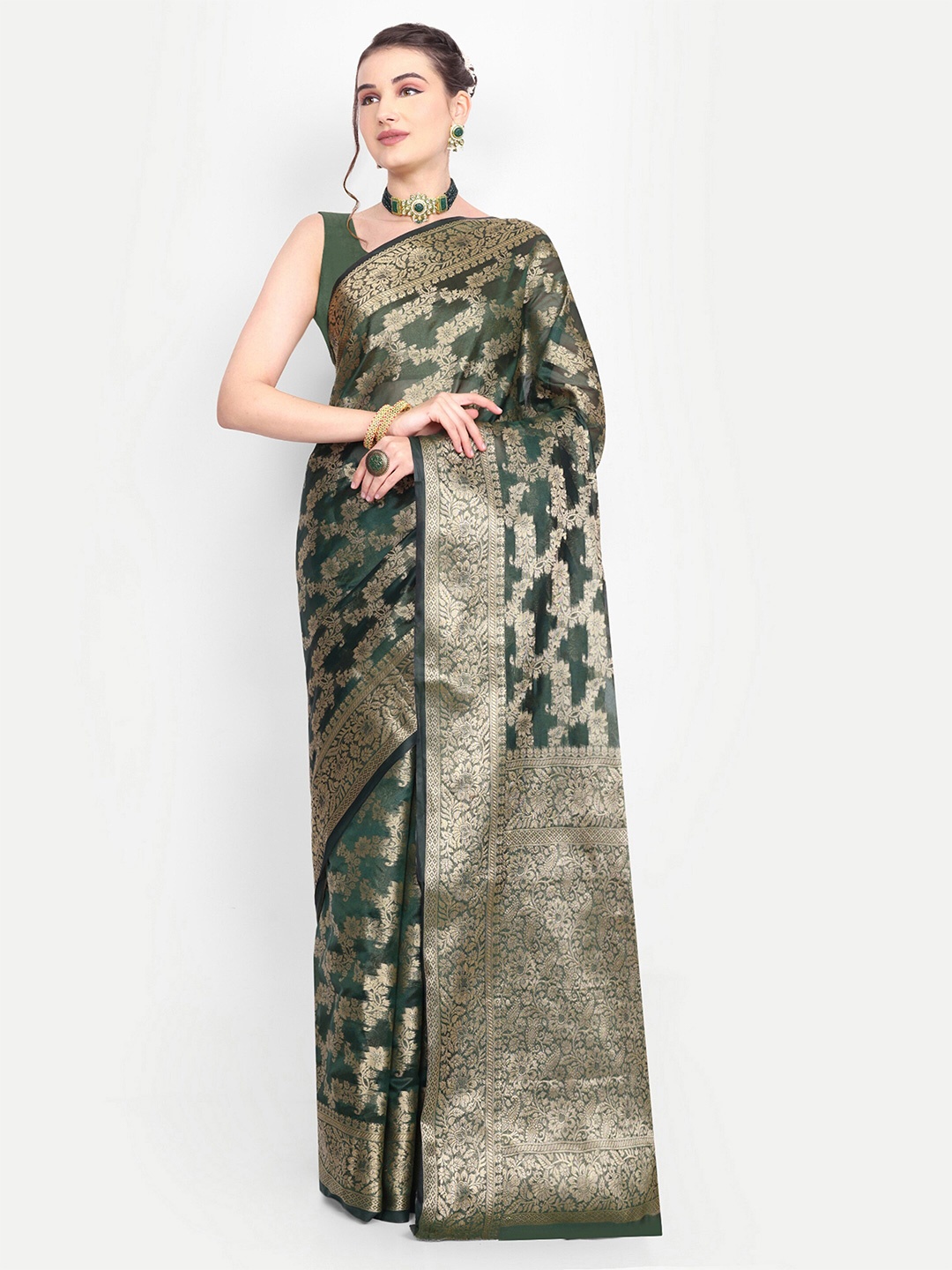 

AKSH FASHION Ethnic Motifs Woven Design Zari Organza Leheriya Saree, Green