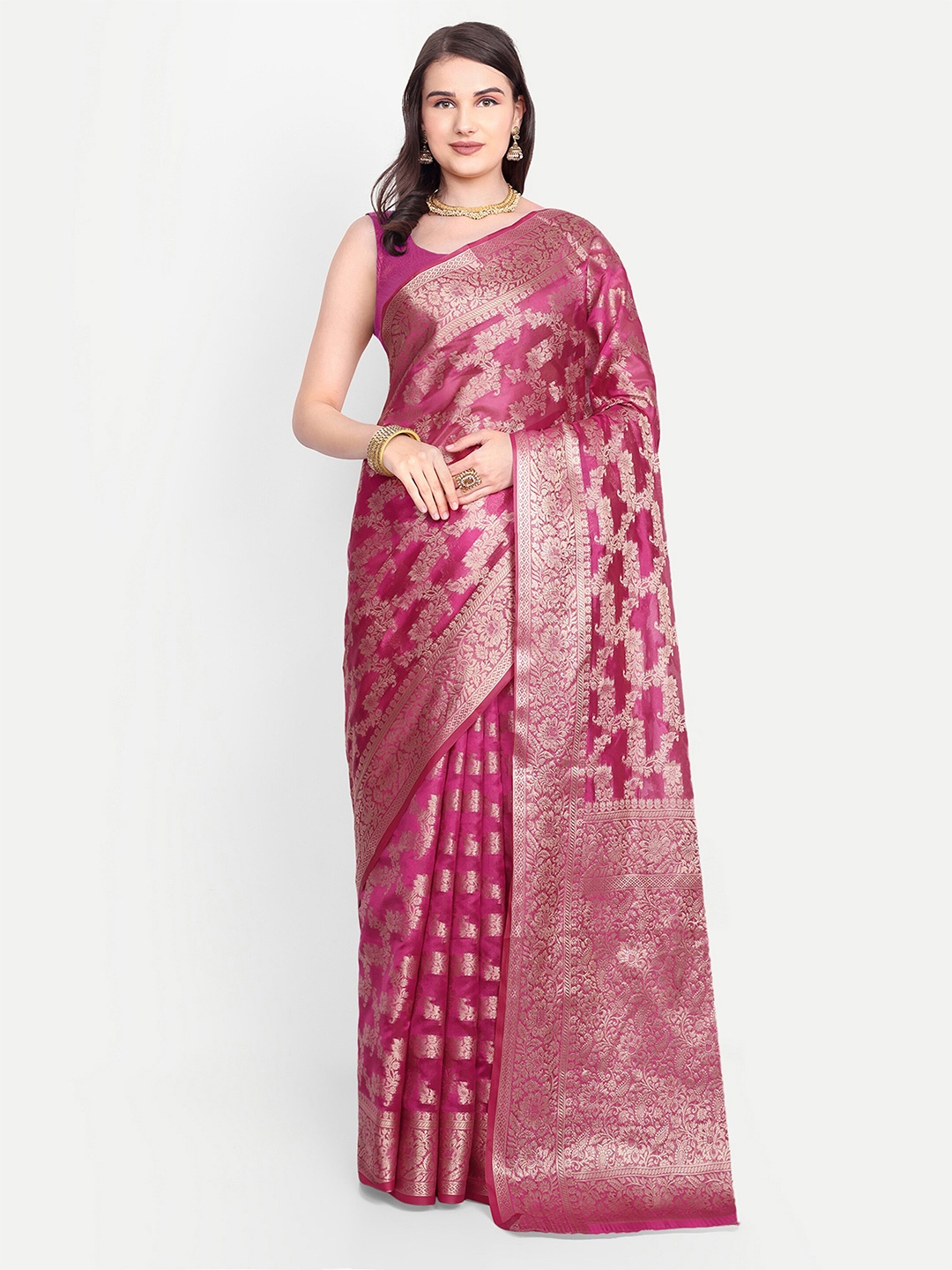 

AKSH FASHION Ethnic Motifs Woven Design Zari Organza Leheriya Saree, Pink