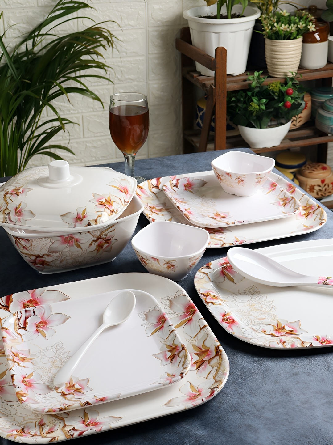 

CDI 40 Pieces Square Floral Melamine Double Coated Dinner Set, White