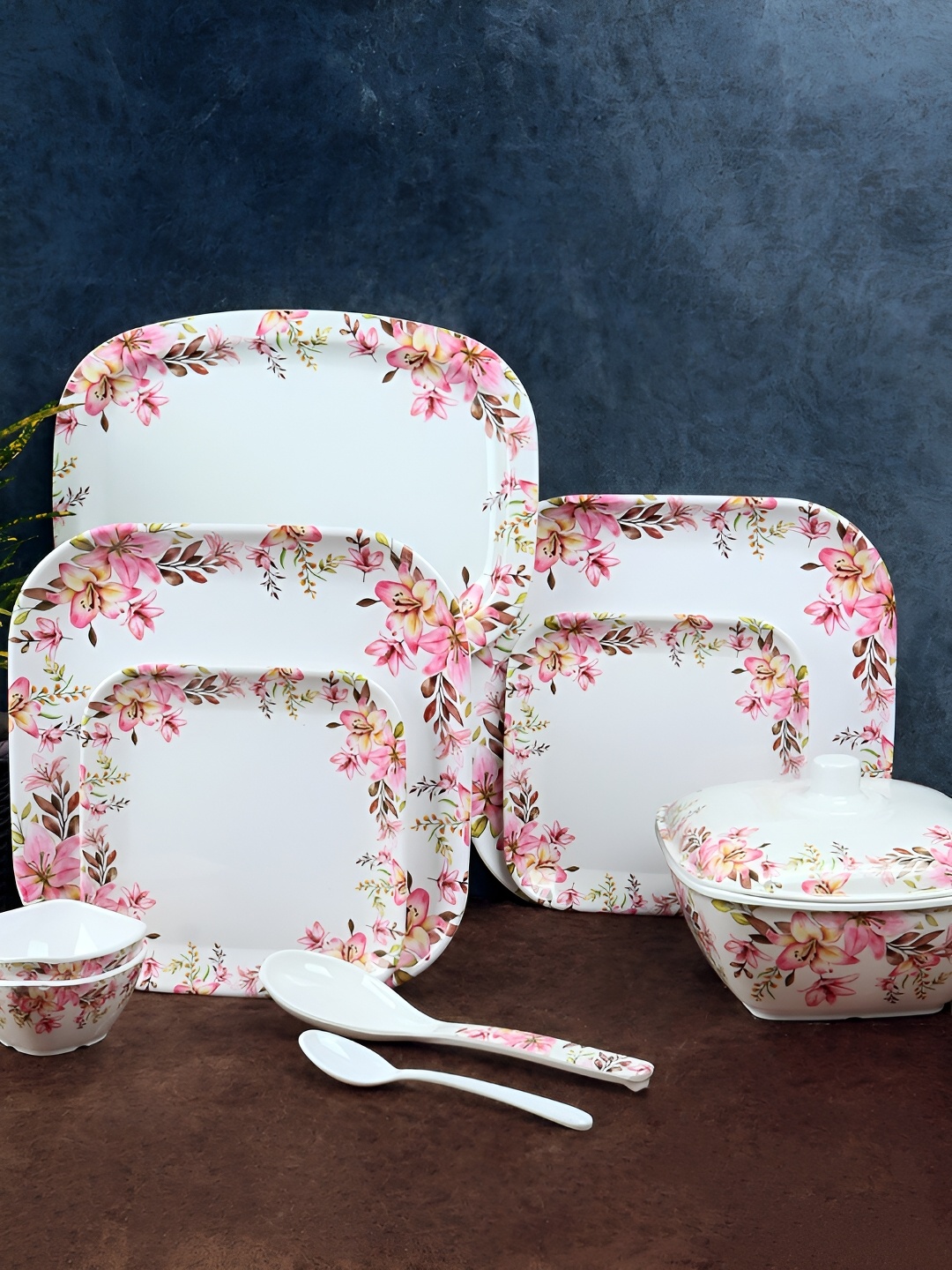 

Aura White & Pink 40 Pieces Floral Printed Melamine Double Coated Glossy Dinner Set