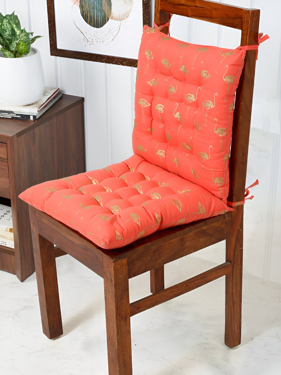 

Ratan Cart 2-Pcs Pink & Brown Printed Cotton Square Cushion Chair Pads, Gold