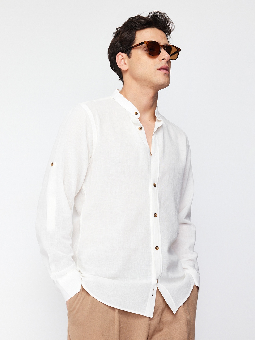 

Trendyol Band Collar Pure Cotton Casual Shirt, White