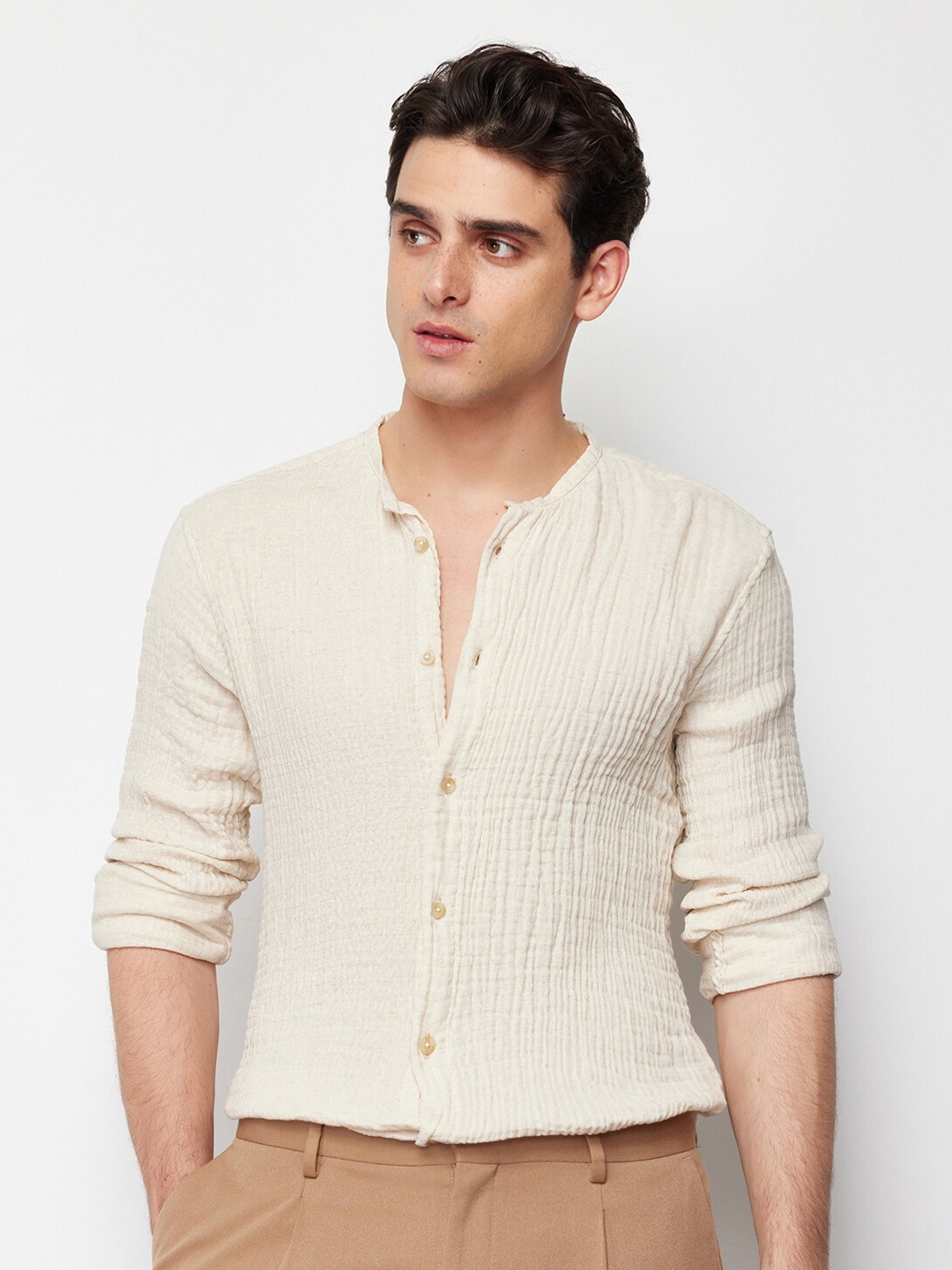 

Trendyol Self Design Textured Collarless Cotton Casual Shirt, Beige