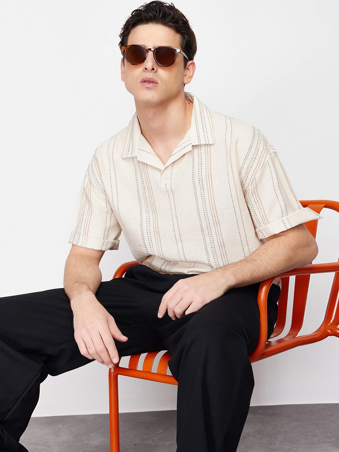 

Trendyol Vertical Stripes Striped Spread Collar Casual Shirt, Beige