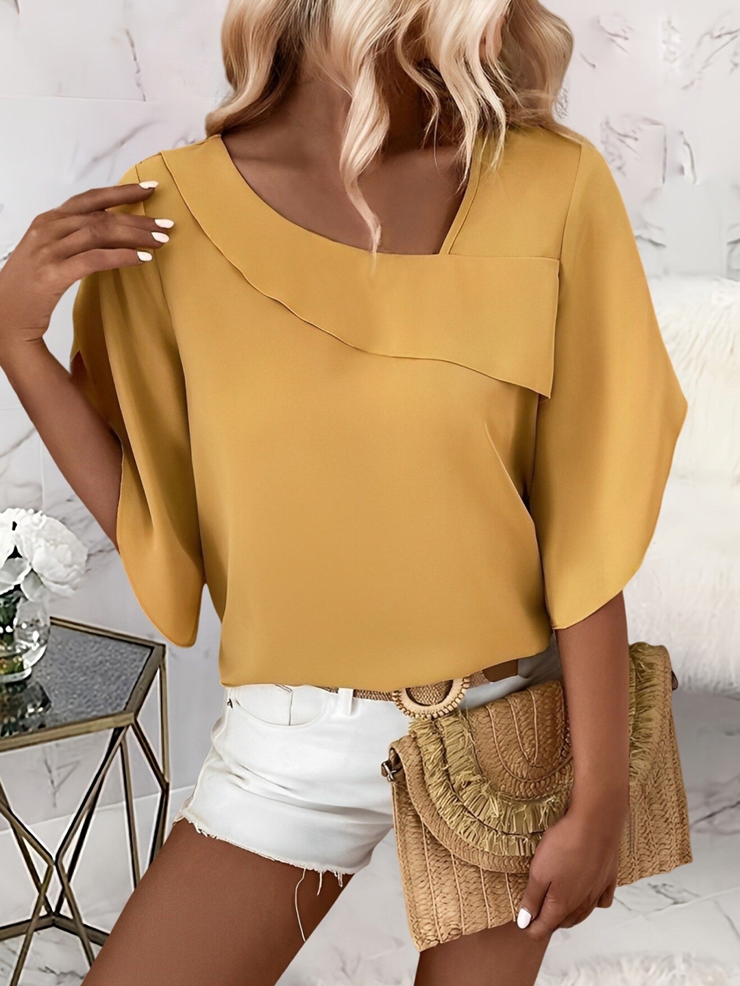 

StyleCast Yellow Round Neck Flared Sleeve Top