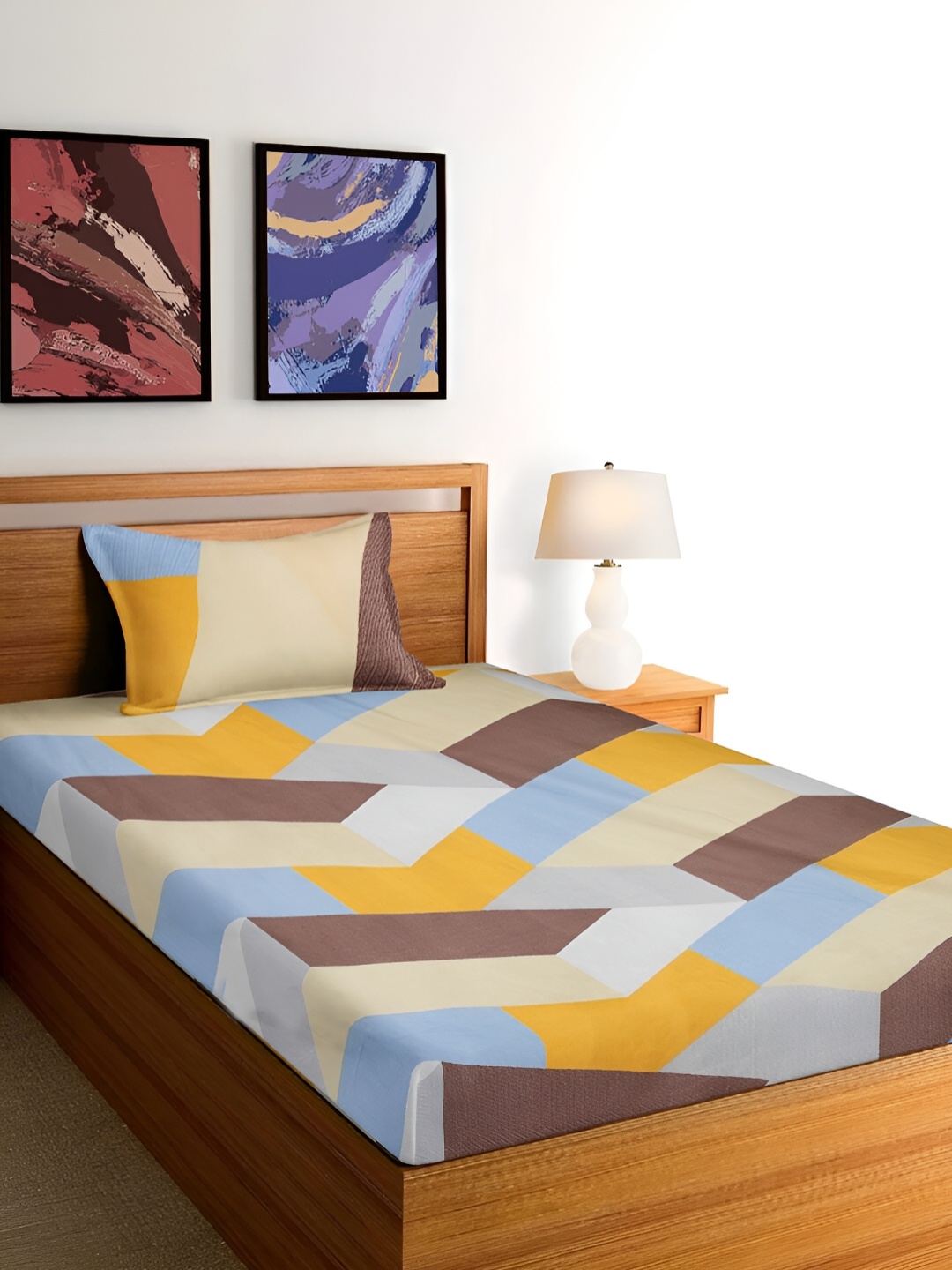

Arrabi Yellow & Blue Geometric 300 TC Single Bedsheet With 1 Pillow Cover