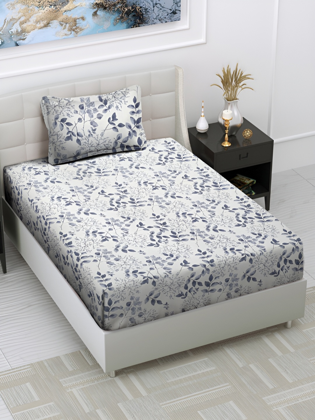 

Arrabi Cream-Coloured & Blue Floral 300 TC Single Bedsheet with Pillow Cover