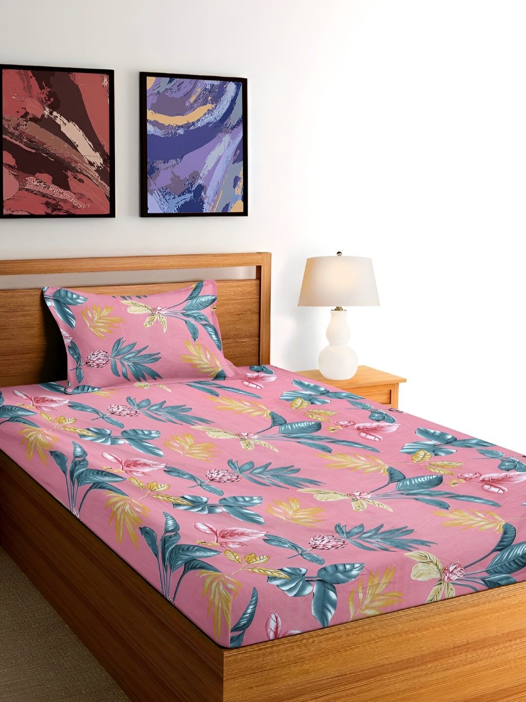 

Arrabi Pink & Blue Floral 300 TC Single Bedsheet With 1 Pillow Cover