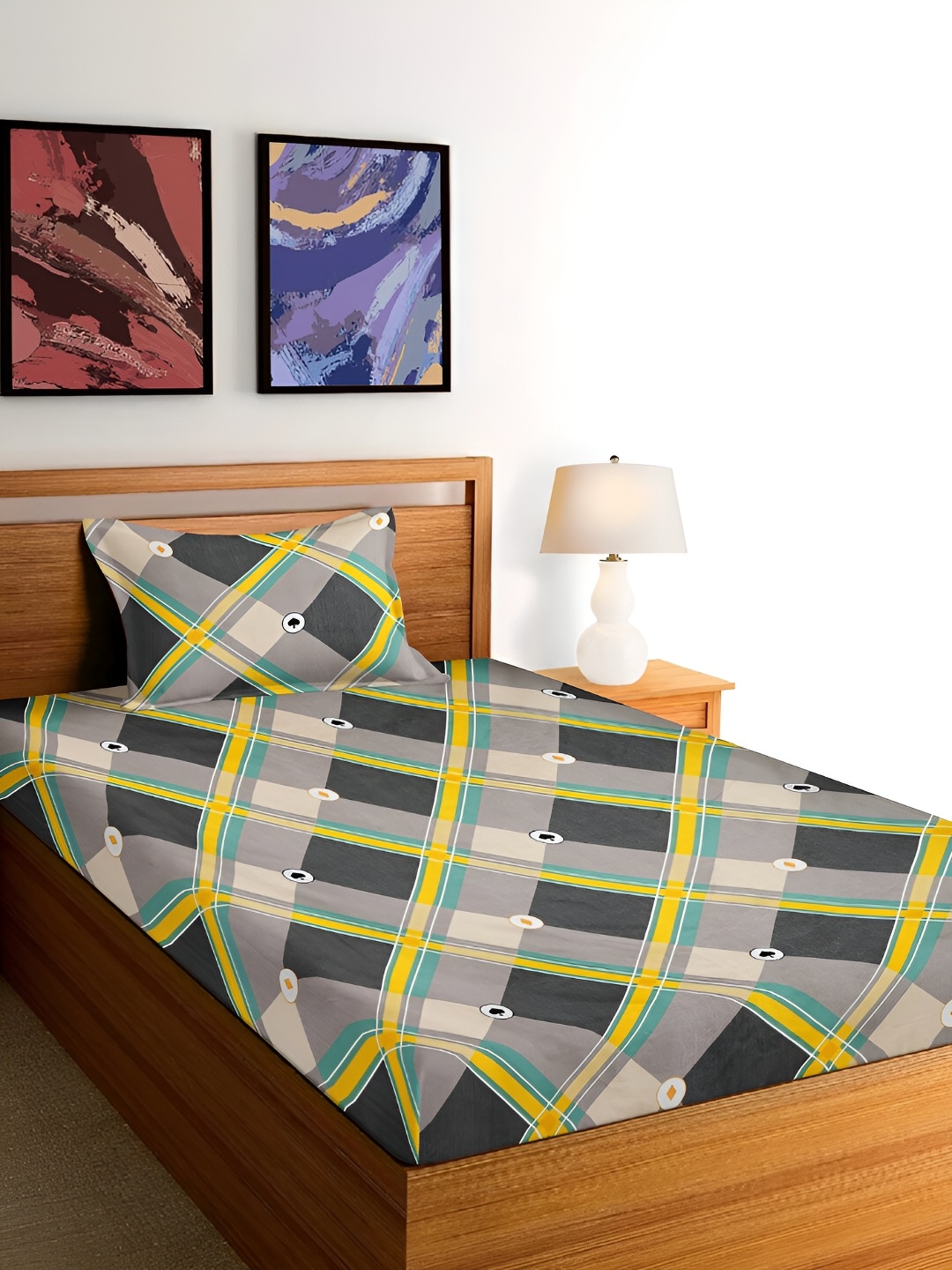 

Arrabi Grey & Yellow Geometric 300 TC Single Bedsheet with Pillow Cover