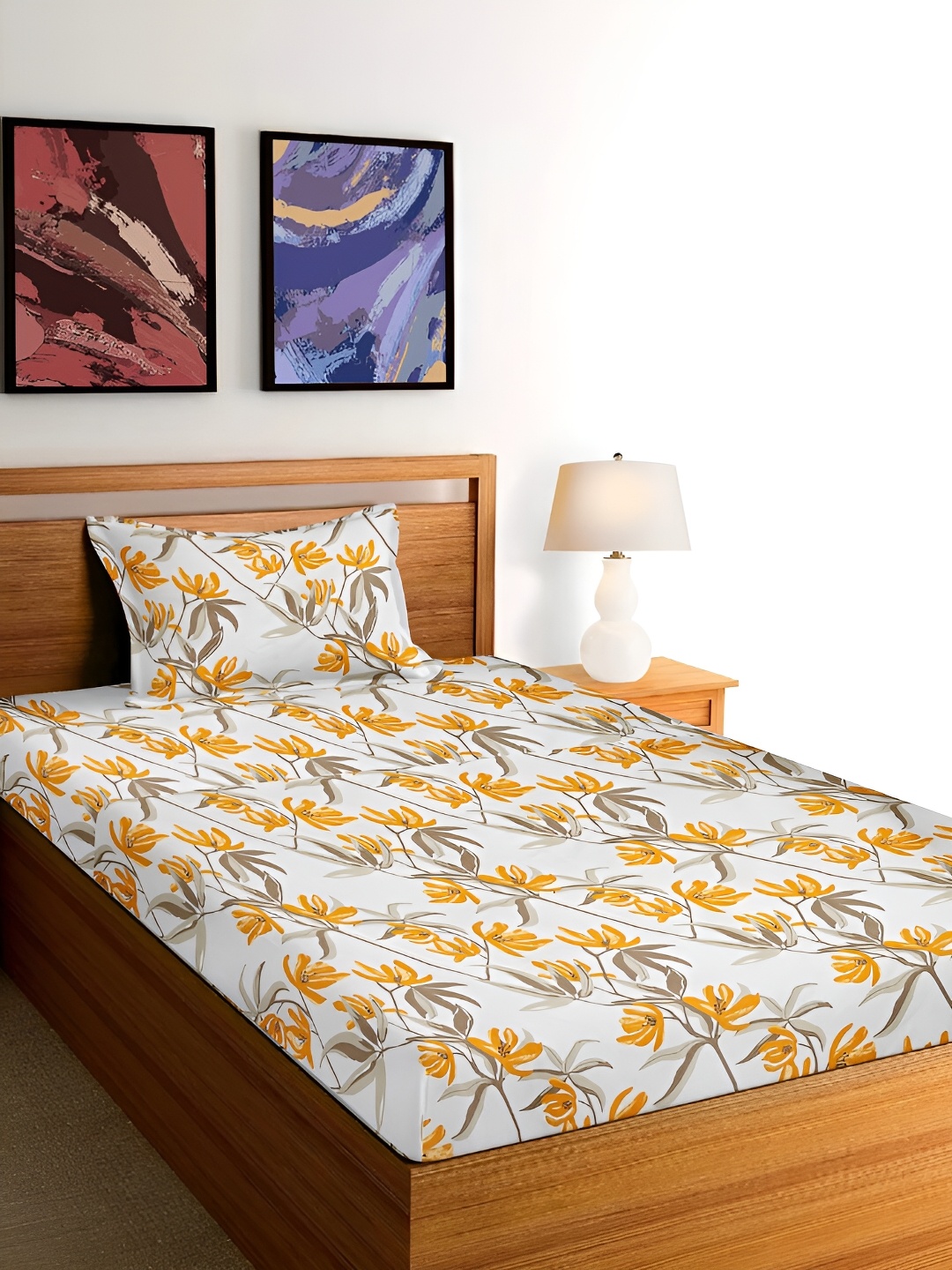 

Arrabi White & Orange Floral 300 TC Single Bedsheet with Pillow Cover