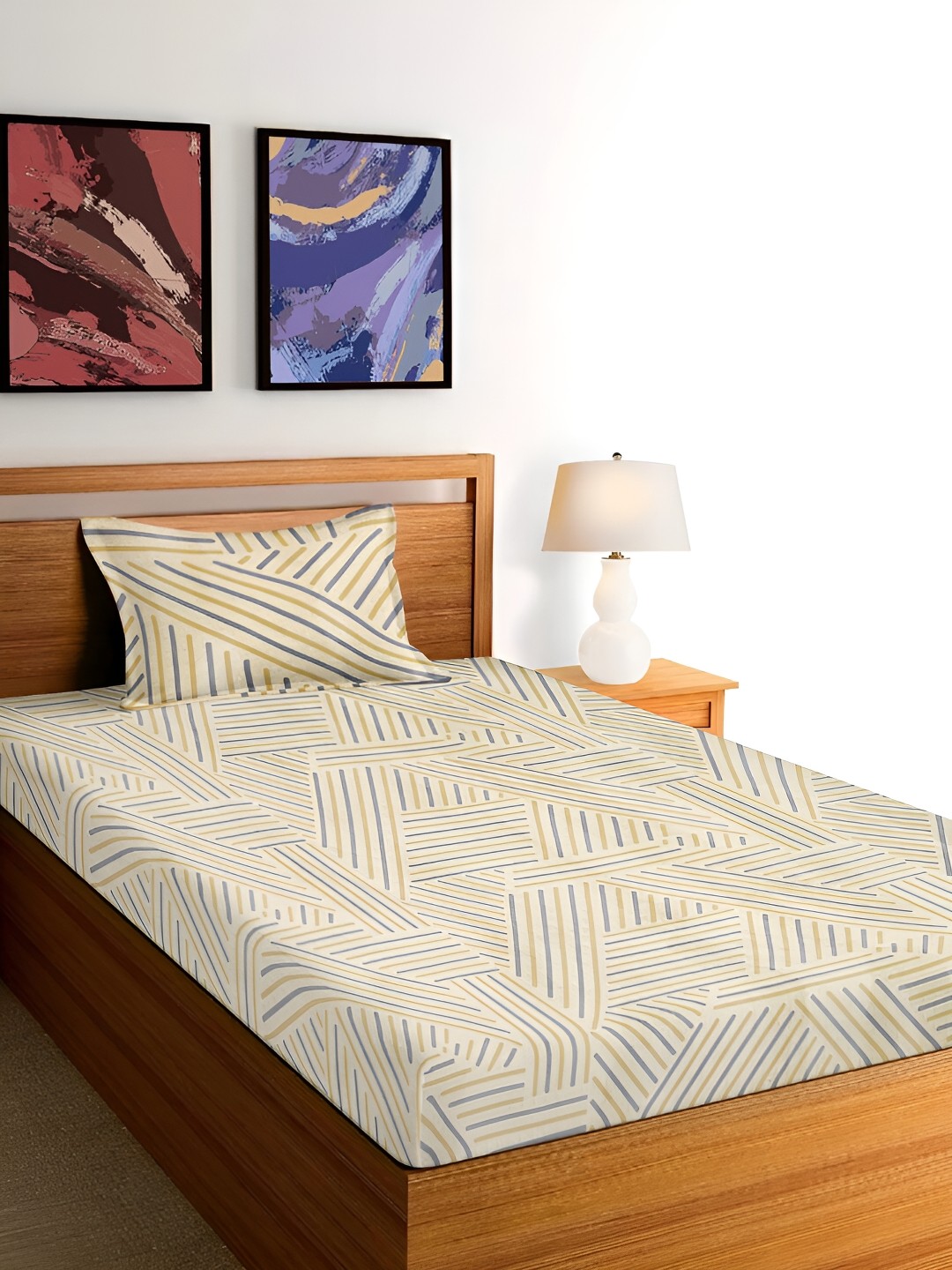 

Arrabi Beige & Blue Striped 300 TC Single Bedsheet with Pillow Cover