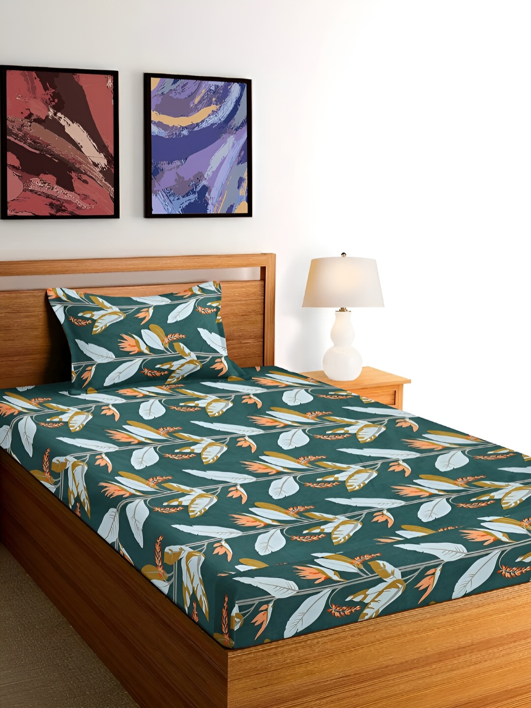 

Arrabi Green & White Ethnic Motifs 300 TC Single Bedsheet With 1 Pillow Cover
