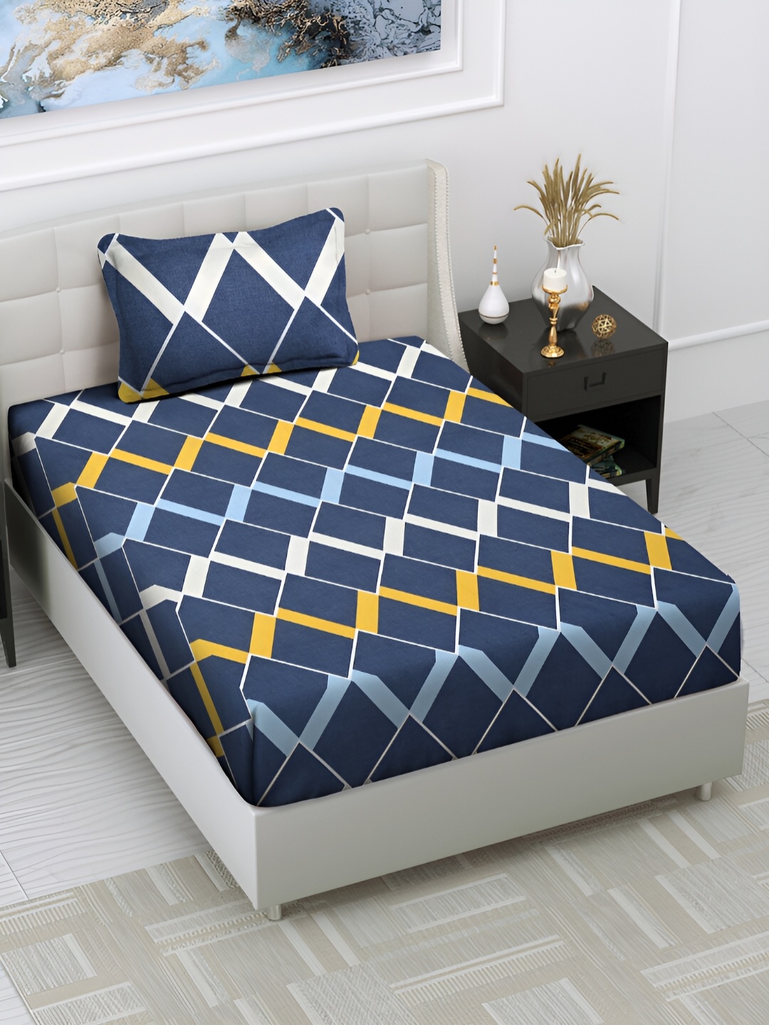 

Arrabi Grey & Blue Geometric 300 TC Single Bedsheet With 1 Pillow Cover