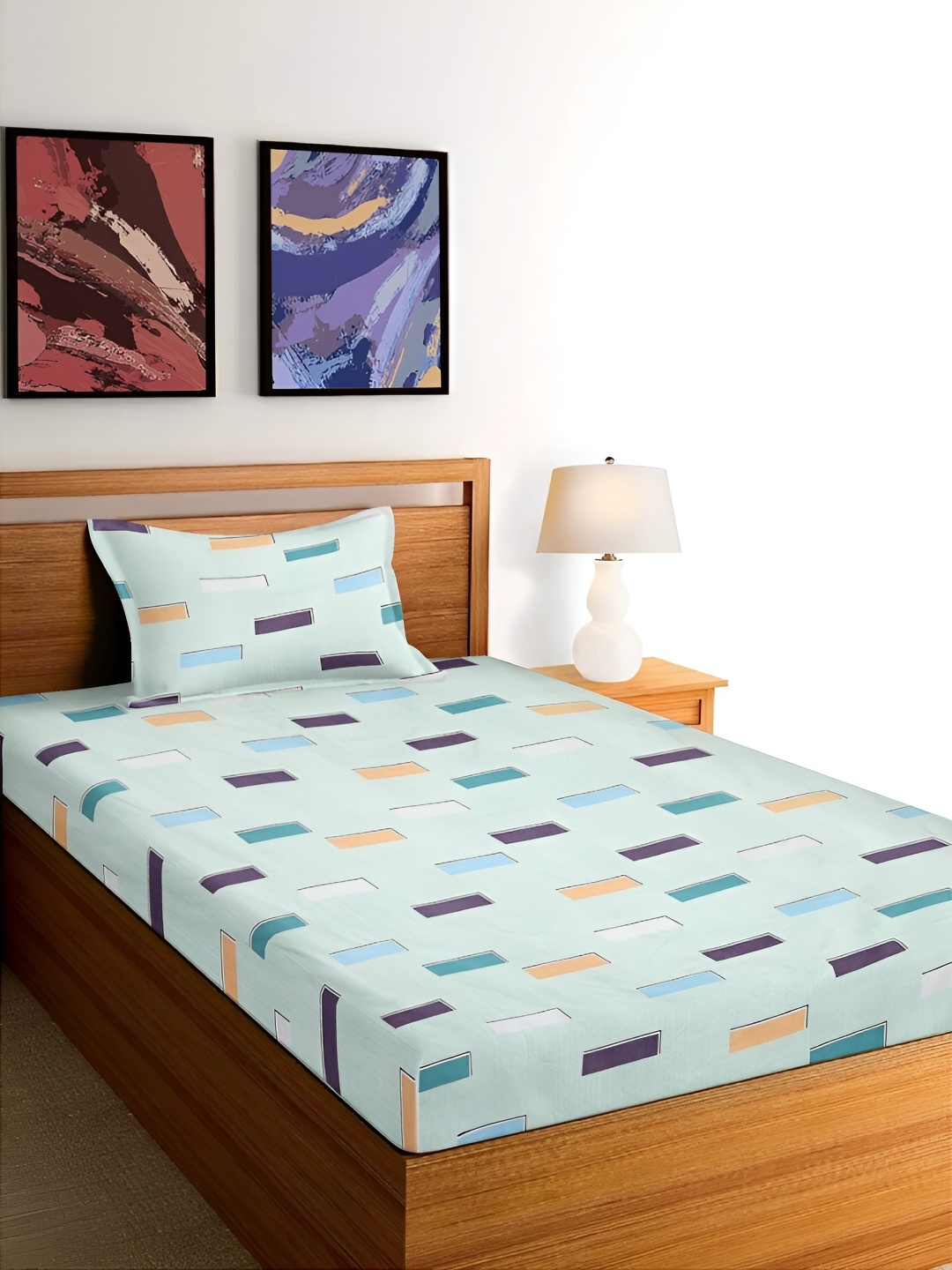 

Arrabi Green & Purple Geometric 300 TC Single Bedsheet With 1 Pillow Cover