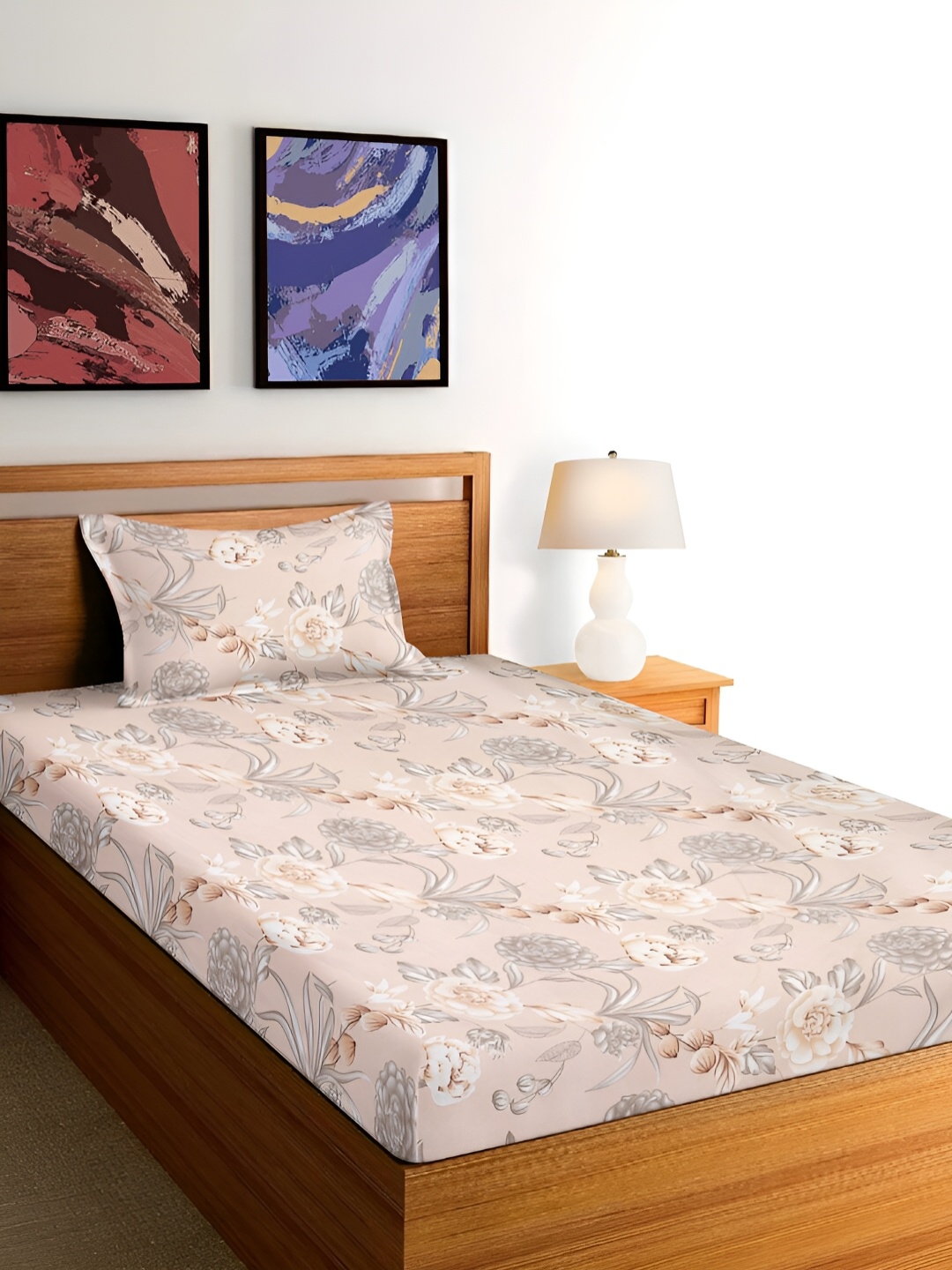 

Arrabi Beige & Grey Floral 300 TC Single Bedsheet With 1 Pillow Cover