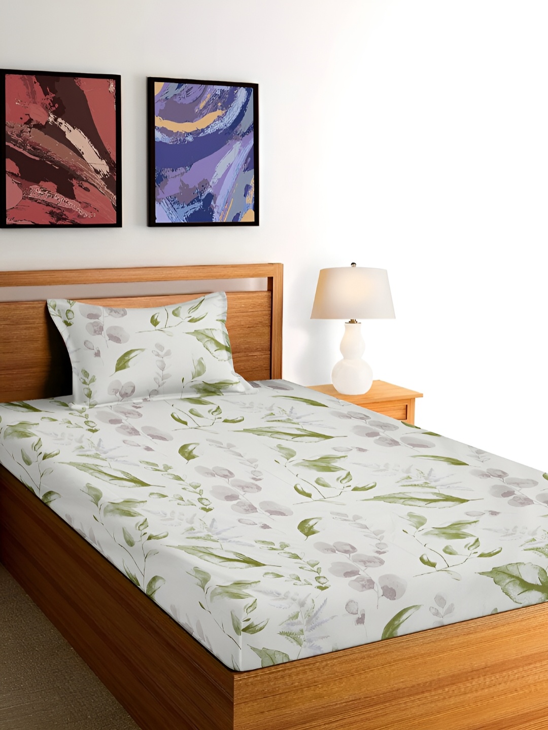 Arrabi Cream & Green Floral 300 TC Single Bedsheet With 1 Pillow Cover