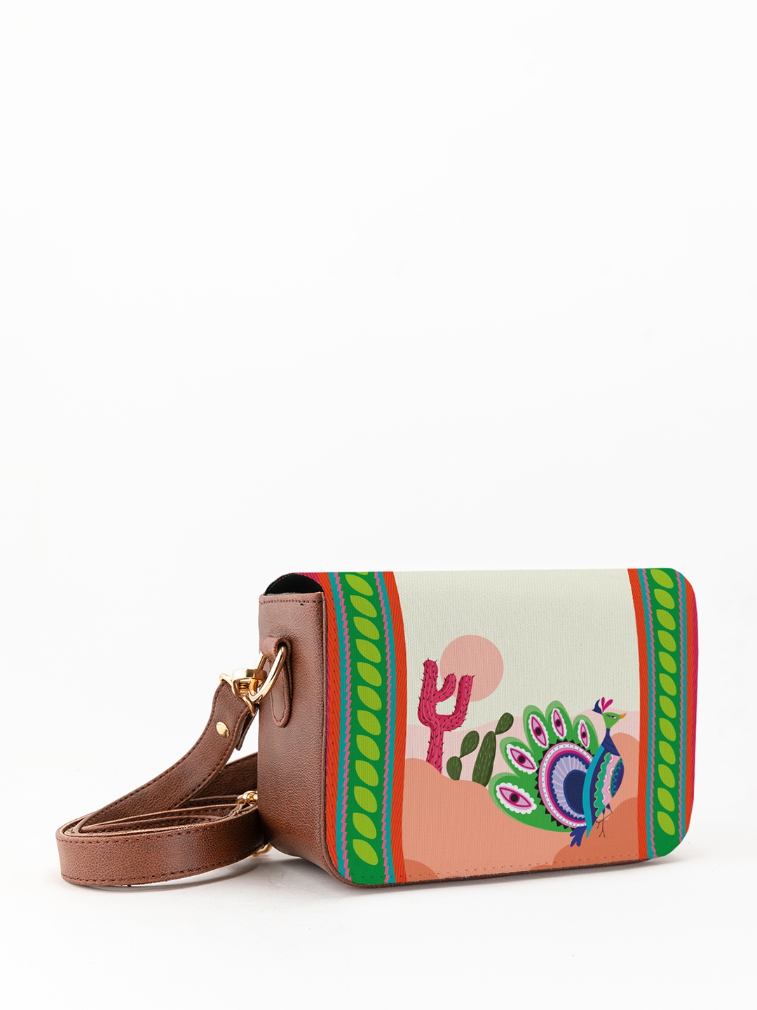 

Kalankit Ethnic Motifs Printed Structured Sling Bag, Beige