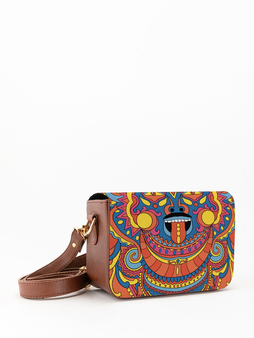 

Kalankit Graphic Printed Vegan Leather Zip detail Sling Bag, Orange