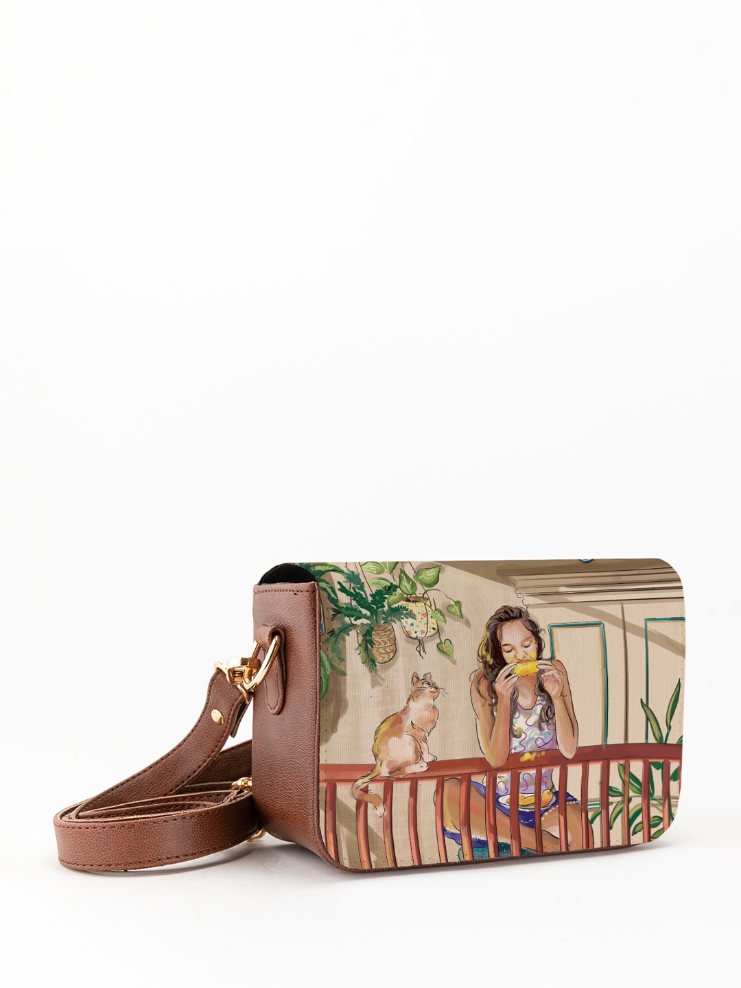 

Kalankit Graphic Printed Vegan Leather Zip detail Sling Bag, Brown