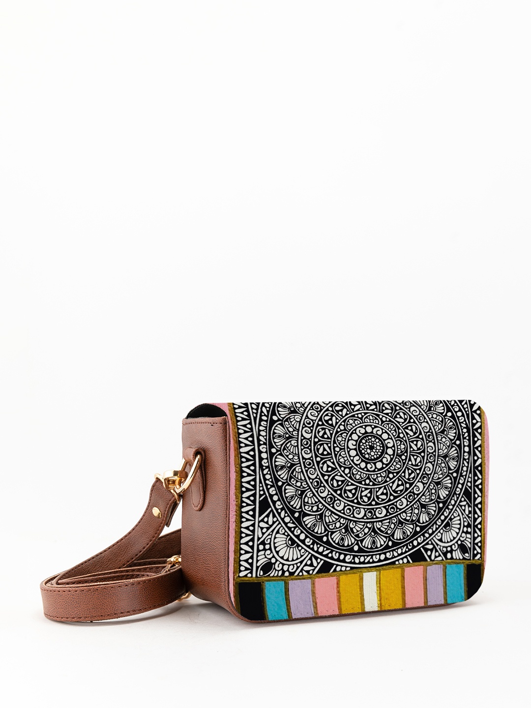 

Kalankit Floral Printed Vegan Leather Zip detail Sling Bag, Tan