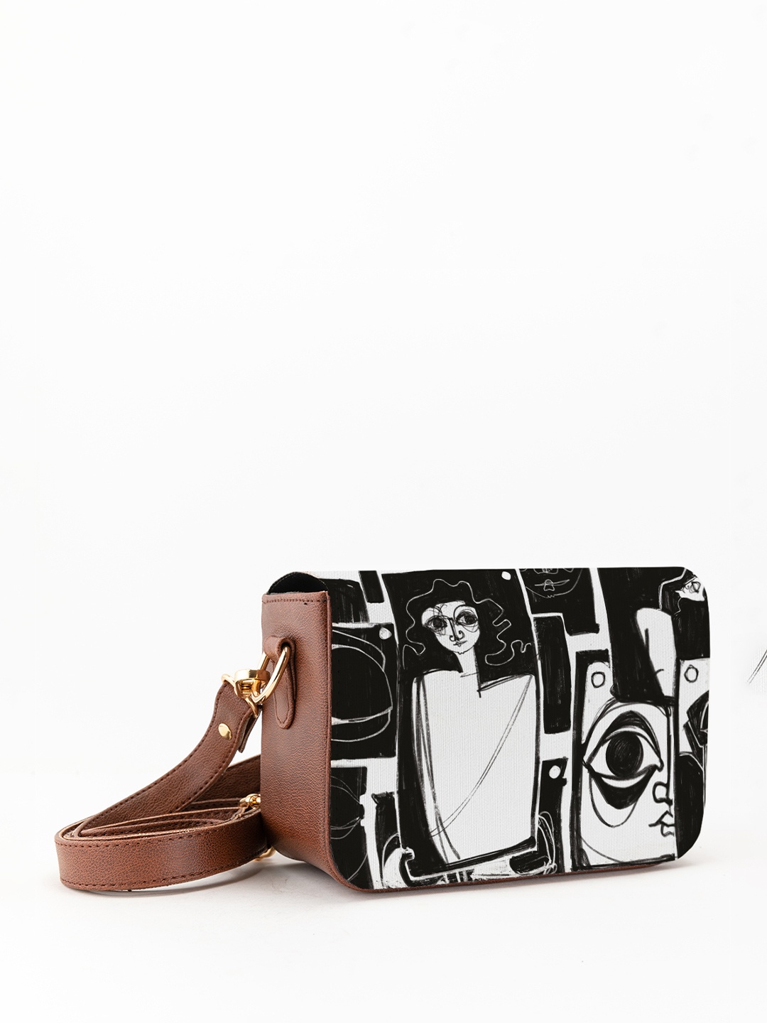

Kalankit Graphic Printed Structured Sling Bag, Black