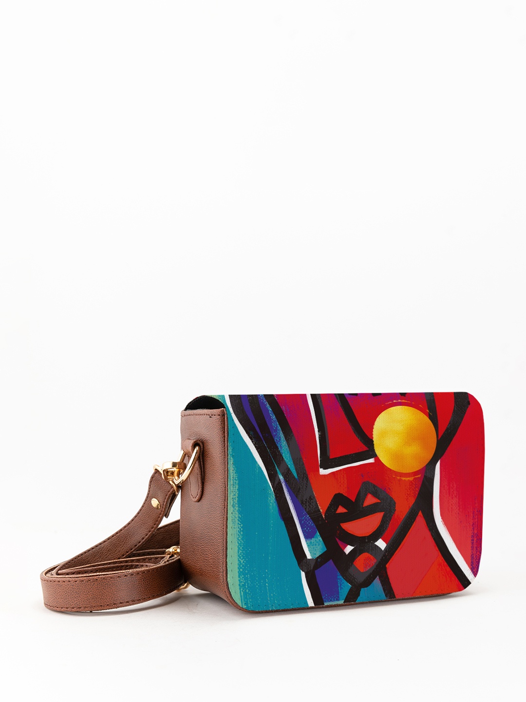 

Kalankit Graphic Printed Vegan Leather Zip detail Sling Bag, Tan