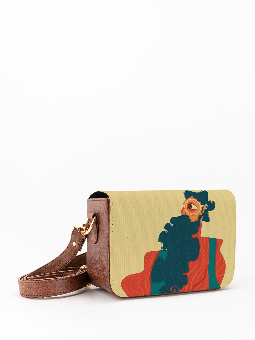

Kalankit Graphic Printed Vegan Leather Zip detail Sling Bag, Beige