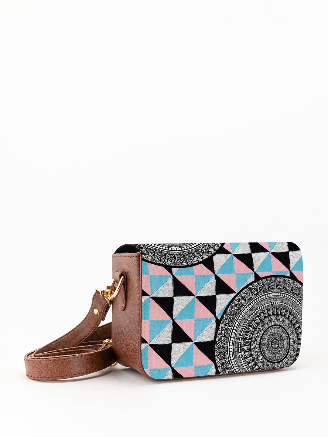 

Kalankit Graphic Printed Vegan Leather Zip detail Sling Bag, Tan