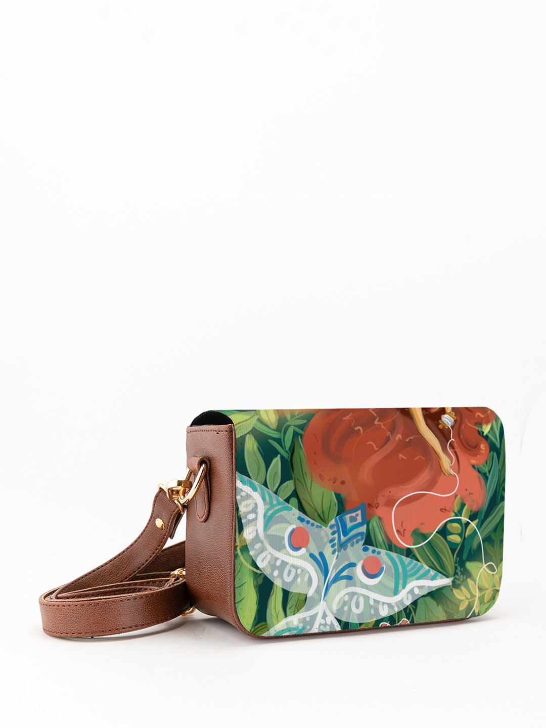 

Kalankit Graphic Printed Vegan Leather Zip detail Sling Bag, Green