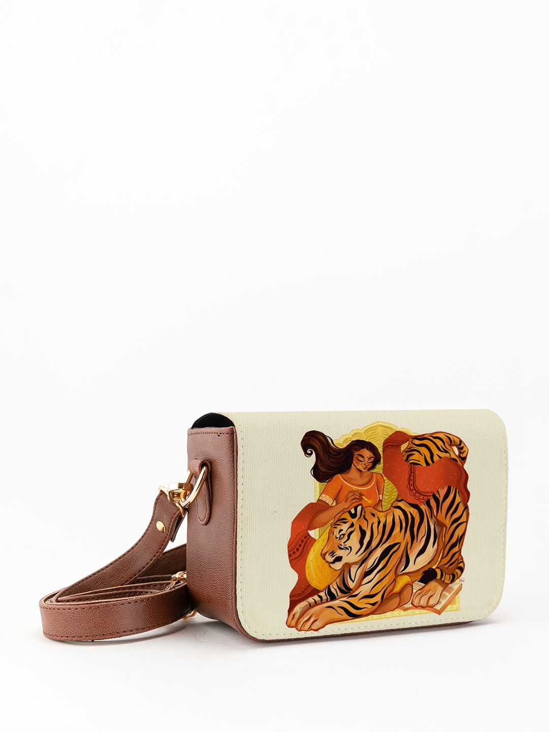 Kalankit Graphic Printed Vegan Leather Zip detail Sling Bag, Yellow