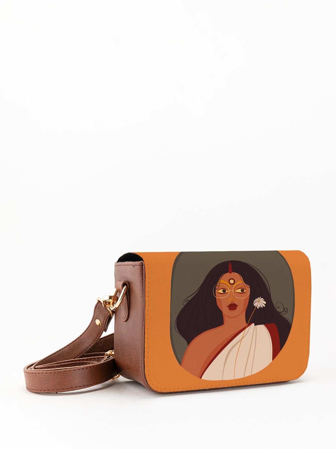 

Kalankit Graphic Printed Vegan Leather Zip detail Sling Bag, Orange